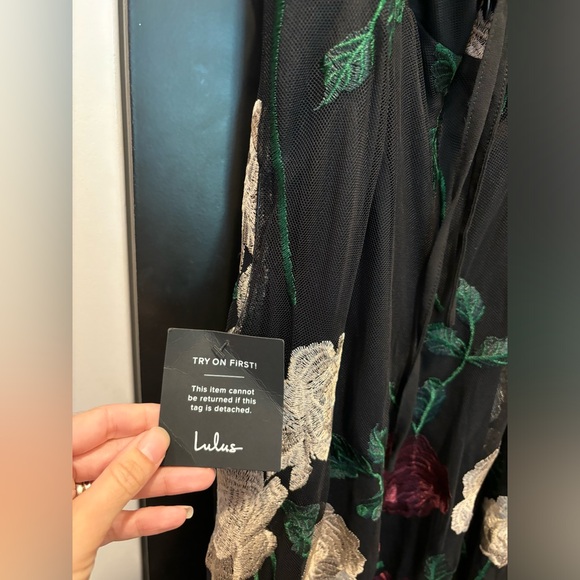 LuLus True to Heart Black Floral Embroidered Maxi Dress Rose ruffle gown Small - Picture 8 of 15